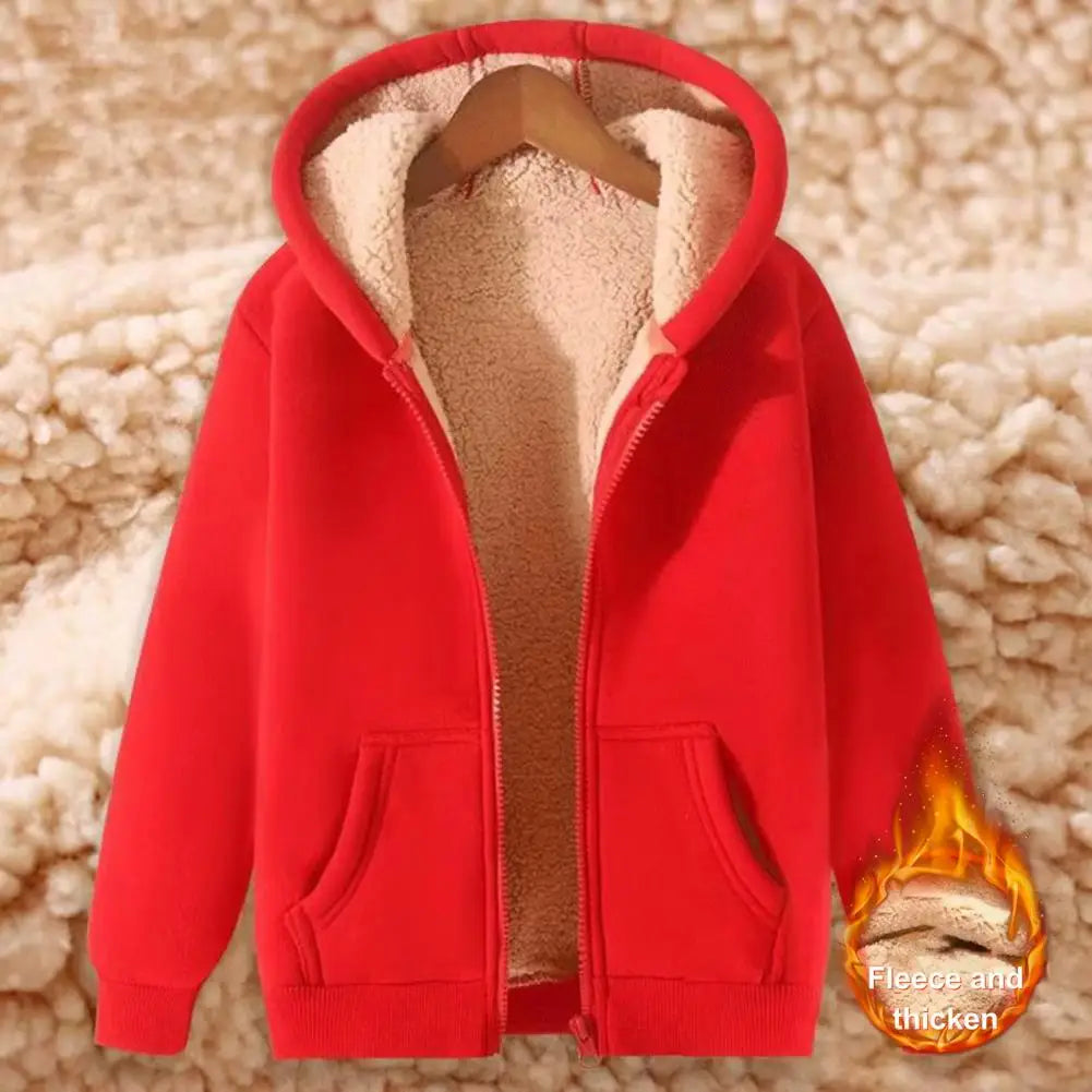 2024 Trendy Sweatshirt Coat Front Pockets Warm Zipper Lamb Wool Jacket Men Woman Winter Pure Color Plush Lined Cardigan Hoodie