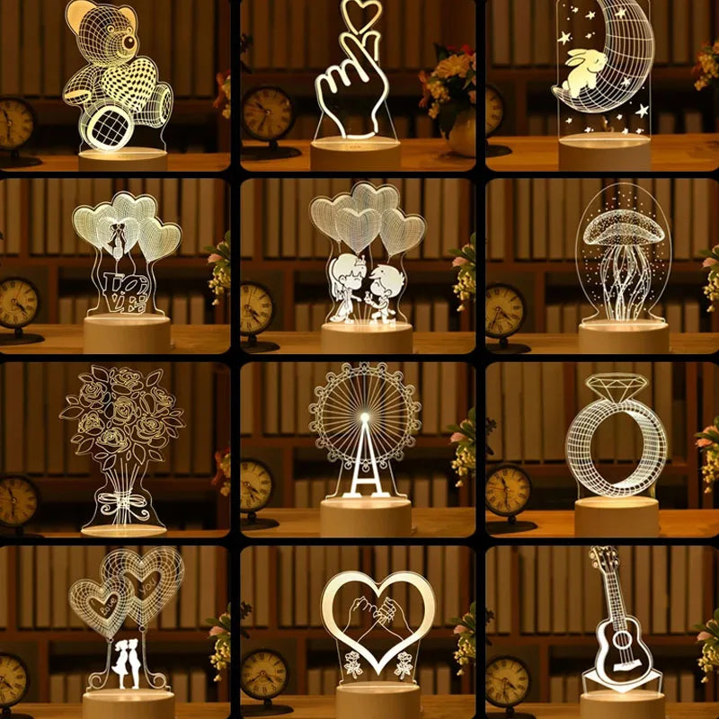 Romantic Love 3D Acrylic LED Lamp for Home Children's Night Light Table Lamp Birthday Party Decor Valentine's Day Bedside Lamp