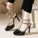 Zapatos de tacón alto con plataforma impermeable y punta puntiaguda para mujer, con remaches de 10 y 12 cm, con correa y hebilla, para verano de 2024.