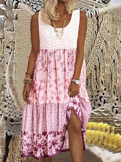 Plus size casual feminino midi vestido 2025 verão novo floral impresso sem mangas pescoço plano a linha boêmio vestidos de praia