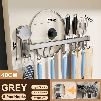 Perchero de cocina de pared con ganchos, sin necesidad de perforar, para colgar utensilios de cocina, cucharas, palas y tablas de cortar.