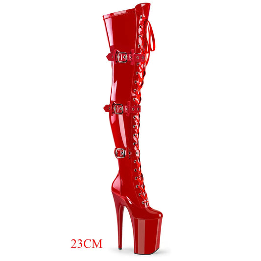 Botas altas hasta el muslo sexys de 20-23 cm con plataforma de moda para mujer, botas por encima de la rodilla con tacón de 20-23 cm, botas de baile de tubo.