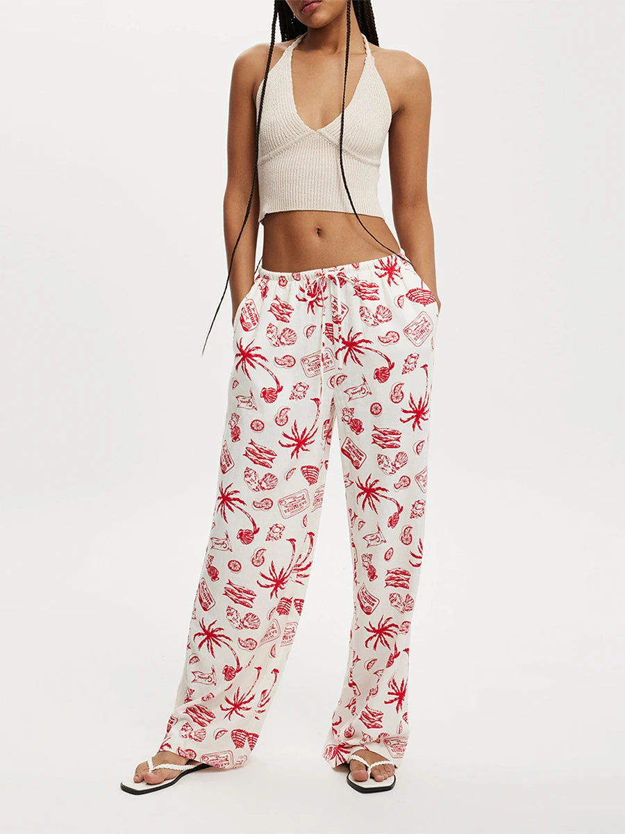 Women's Casual Wide Leg Pants Fashion Stripe/Coconut Tree Print Drawstring Waist Side Pockets Casual Loose Trousers Streetwear