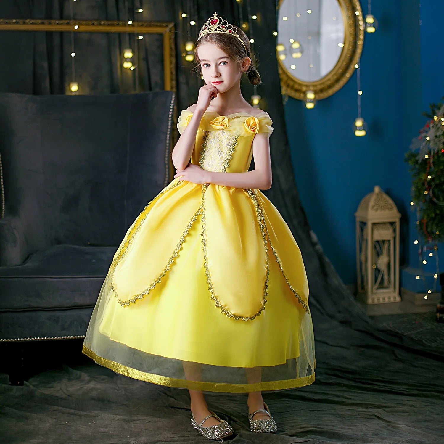 2025 Cosplay Belle Princess Dress Girls Dresses For Beauty and beast Party Clothing Magic stick crown Costume 3-12Y