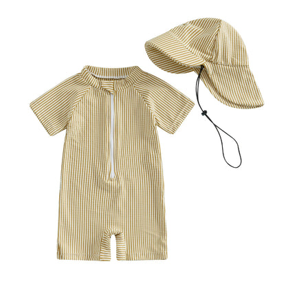 MISOWMNJOY Baby Girl Boy Swimsuit Summer New Stripe Print Kids Beachwear Short Sleeve Half Zipper Rash Guard Swimwear Sunhat Set