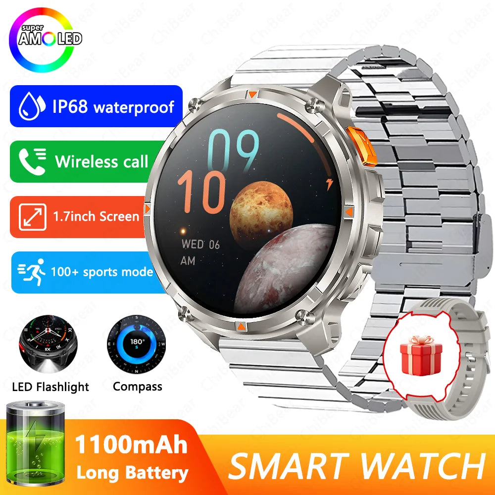 Novo Smartwatch T-Rex3 Pro 2026 – Bateria de 1100mAh, GPS com rastreamento de rota, Resistência à água 5ATM, Monitoramento de esportes e corrida, Bússola, Estilo militar