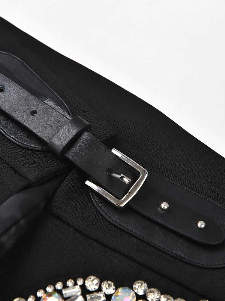 EAM - Minifalda negra con cinturón y pedrería irregular, cintura alta, para mujer, tendencia de moda, primavera otoño 2025, JY75801