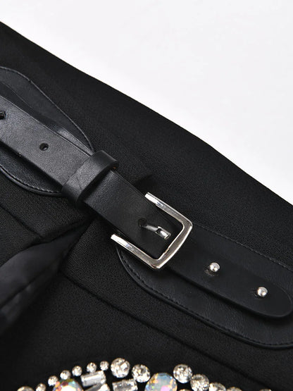 EAM - Minifalda negra con cinturón y pedrería irregular, cintura alta, para mujer, tendencia de moda, primavera otoño 2025, JY75801