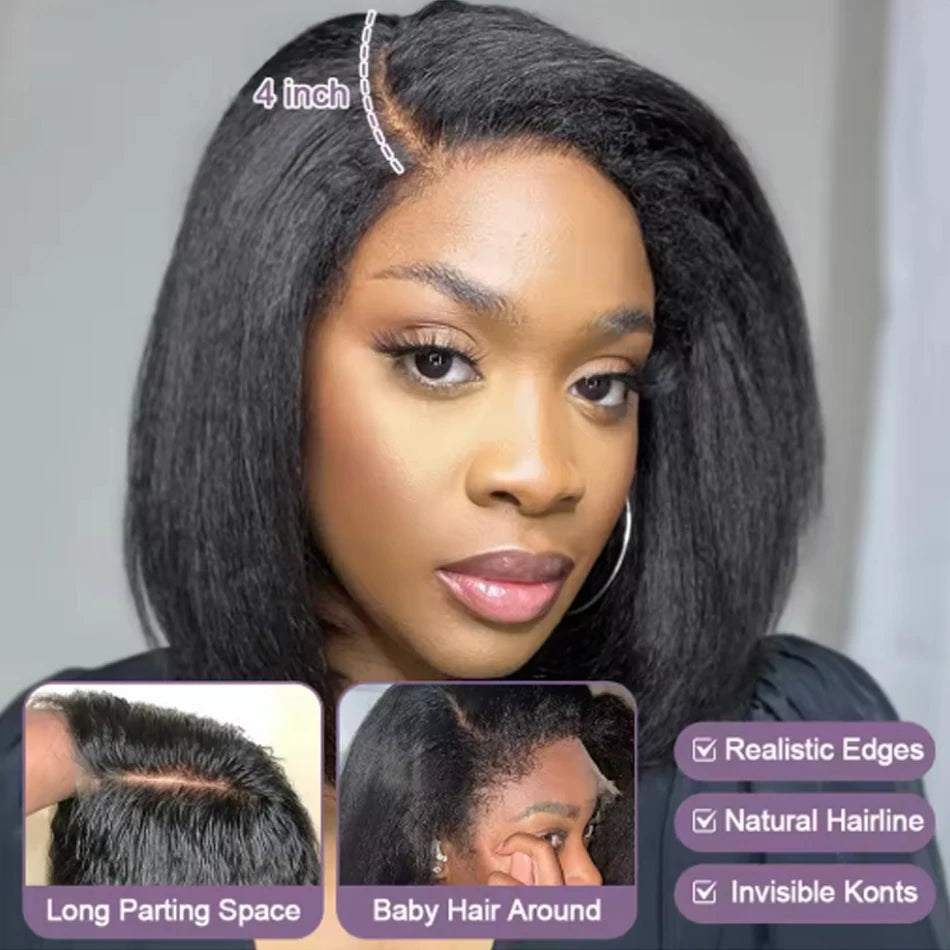 Glueless Kinky Straight Short Bob Virgin Human Hair Wig 13x4 Frontal HD Transparent Lace Peruvian Remy Soft Yaki Wear And Go Wig