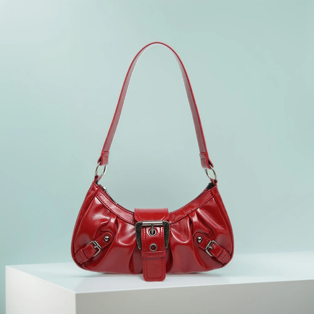 Women's Pleated Hobo Red Shoulder Bag Vintage Leather Spicy Girl Y2K Armpit Bag Rivet Belt Trendy Saddle Bag Travel Commuter Bag