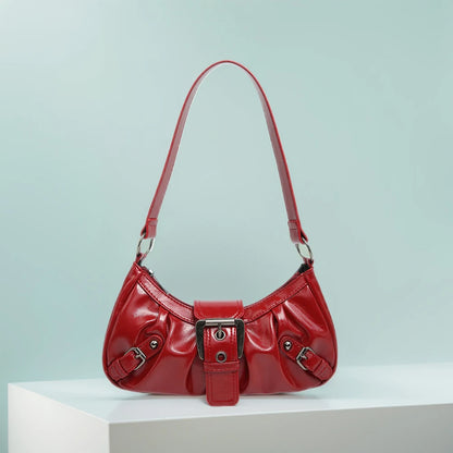 Women's Pleated Hobo Red Shoulder Bag Vintage Leather Spicy Girl Y2K Armpit Bag Rivet Belt Trendy Saddle Bag Travel Commuter Bag