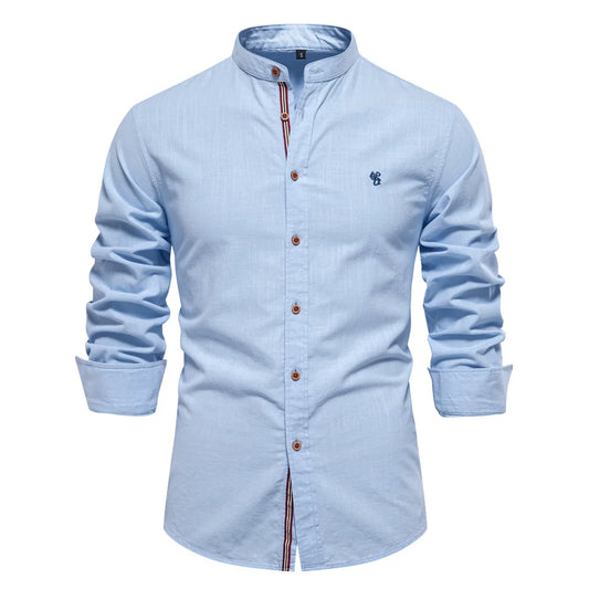 Camisa de lino 100% algodón para hombre, camisas de marca con bordado de color liso, blusas informales de manga larga con botones de alta calidad