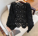 Casual Long Sleeve Elegant cardigan Beading O-neck Chic Vintage Hook Flower Hollow Out Top Plus Size Clothing
