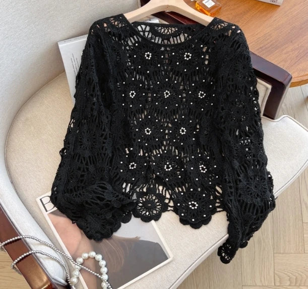 Casual Long Sleeve Elegant cardigan Beading O-neck Chic Vintage Hook Flower Hollow Out Top Plus Size Clothing