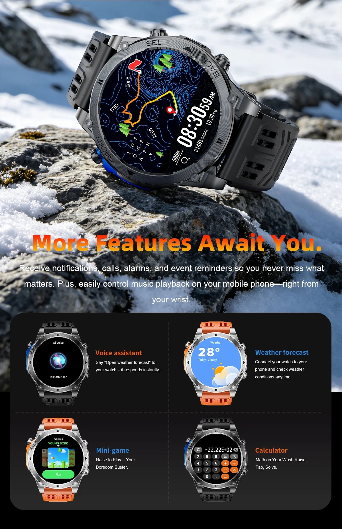 Novo Smartwatch Masculino T-RX4 Ultra GPS 2026 – Posicionamento GPS de 6 satélites, resistência à água 10ATM, bateria de 850mAh, bússola e mais de 170 modos esportivos.