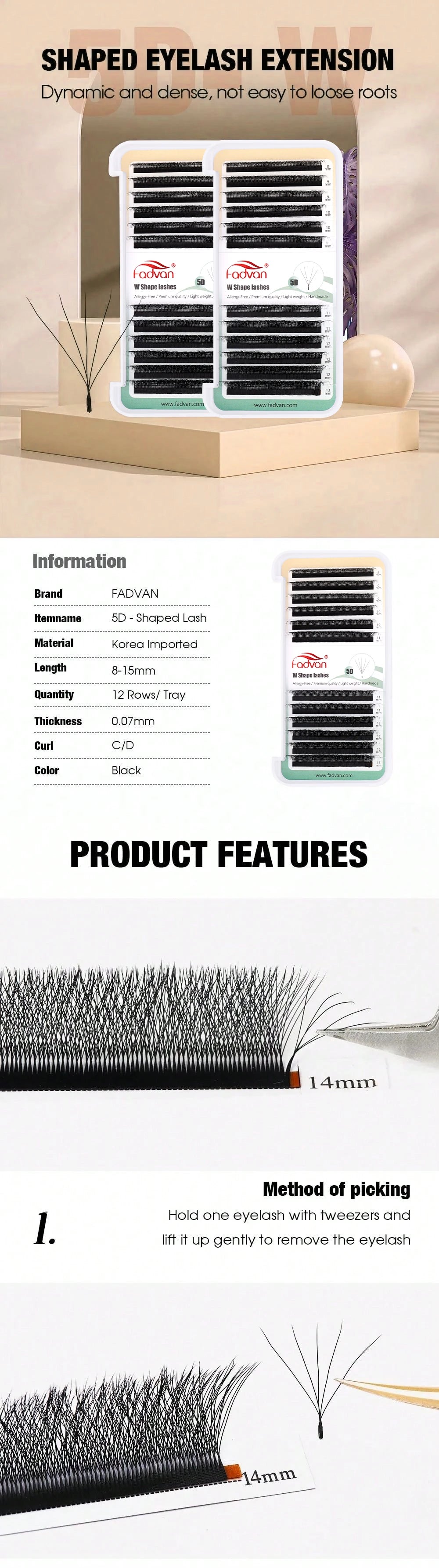 Extensiones de pestañas FADVAN 5D en forma de W, de visón sintético natural, prefabricadas, con volumen y abanico