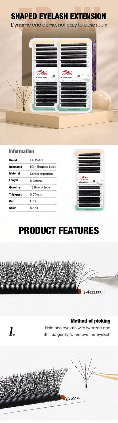 Extensiones de pestañas FADVAN 5D en forma de W, de visón sintético natural, prefabricadas, con volumen y abanico