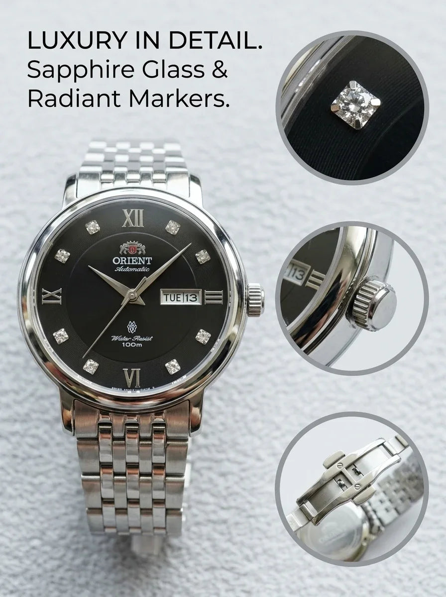 Relógio feminino automático bicolor calendário duplo em aço inoxidável