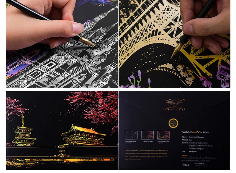 2 Sheets Scratch Paper Art Kit DIY Craft World Landmarks Animals City Scene Stylus Drawing Toy Adult Stress Relief Creative Gift