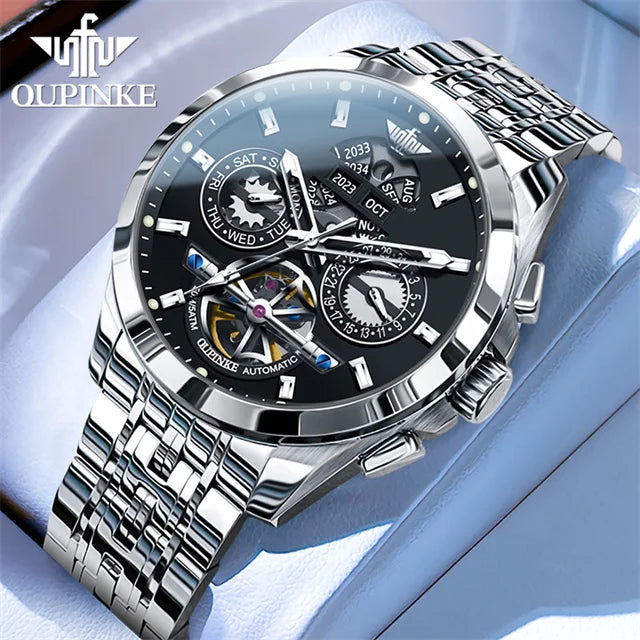 OUPINKE 3251 Skeleton Flywheel Automatic Watch for Men Stainless Steel Waterproof Wristwatch Luxury Sapphire Mirror Men's Watch