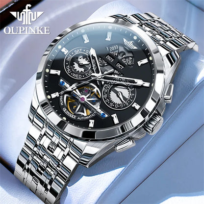 OUPINKE 3251 Skeleton Flywheel Automatic Watch for Men Stainless Steel Waterproof Wristwatch Luxury Sapphire Mirror Men's Watch
