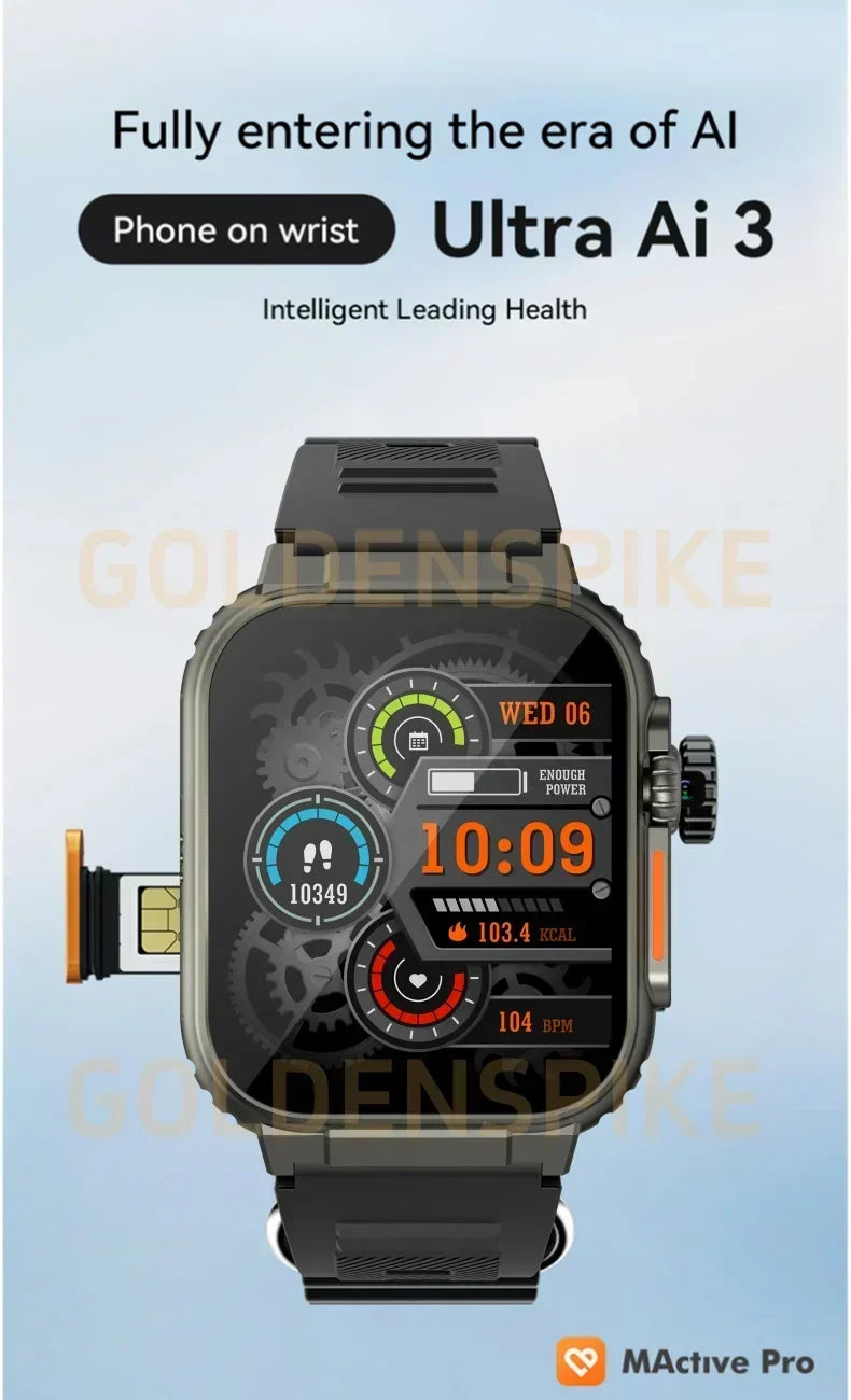 Microwear Ultra Ai3 Smartwatch: 4G SIM Card Android 2.2'' Amoled, AI Health Monitoring, 180° Rotary Camera, 256GB Storage