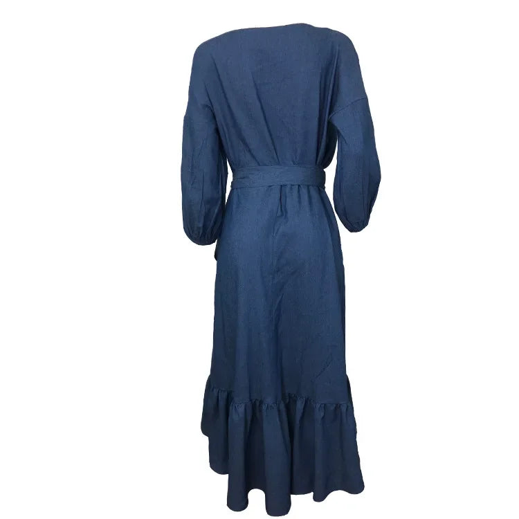 Vestido elegante con escote en V para mujer, con volantes y cordones, estilo vintage azul, estilo retro con mangas acampanadas, para fiesta y noche, primavera y verano, 2024