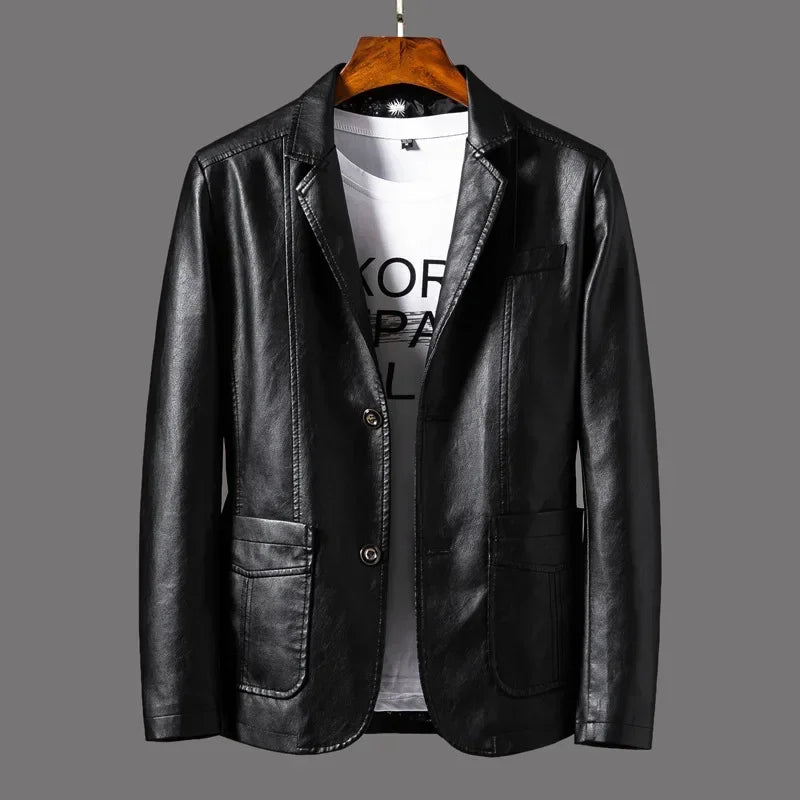 2024 Men's Leather Jackets Lapel Business Leather Jackets Men Pu Blazers Korean Style Slim Fashion Leather Coat Plus Size M-6XL