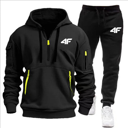 Men's tracksuit zipper hood multi-pocket and protective pants casual jogging tracksuit fall/winter 2-piece setLarge size S-3XL