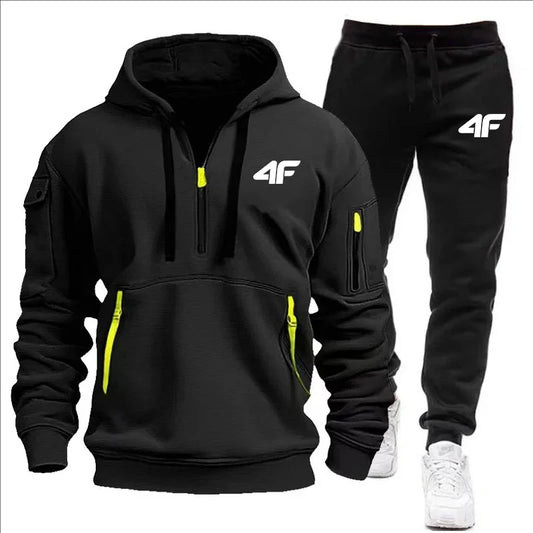 Chándal para hombre con capucha y cremallera, multibolsillos y pantalones protectores, chándal informal para correr, otoño/invierno, conjunto de 2 piezas, talla grande S-3XL