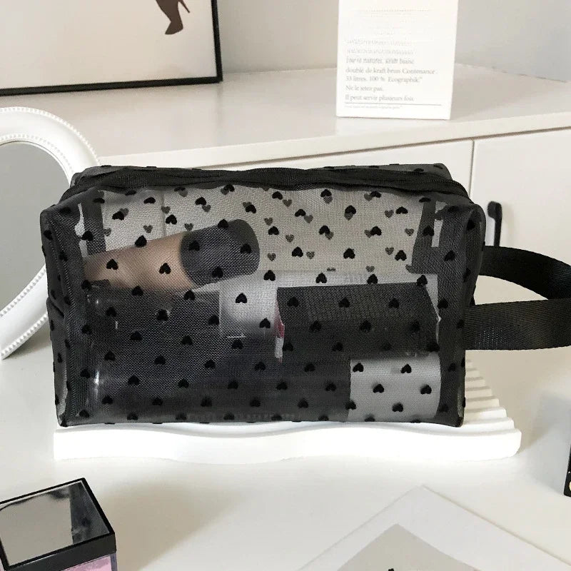 Heart-Shaped Nylon Mesh Cosmetic Bag Portable Toiletry Organizer for Women Makeup Storage