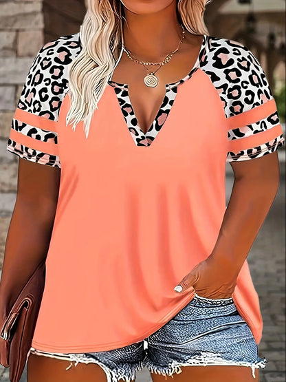 Camiseta feminina casual plus size com estampa floral de leopardo e manga curta |   Top de verão grande