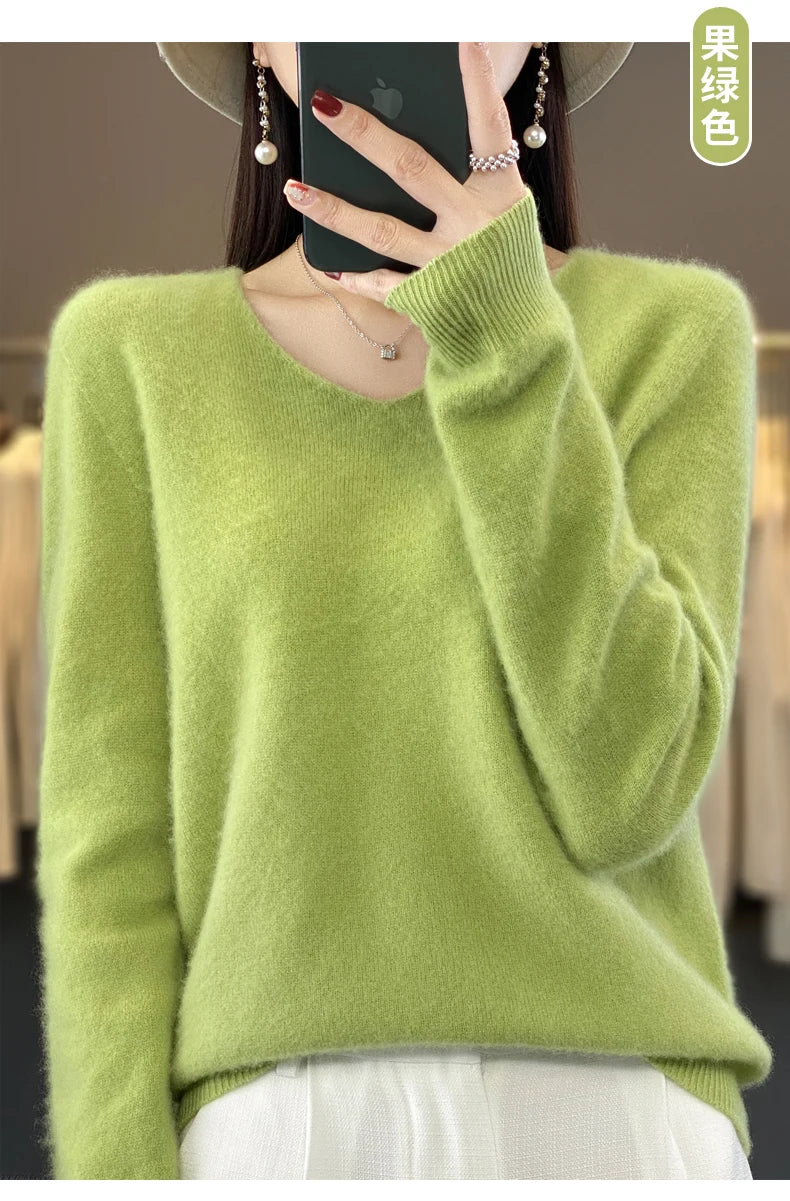 Suéter básico de otoño-invierno 2024 para mujer, 100 % lana merino, cuello en V, tejido de punto liso, jersey de oficina para mujer, manga larga, cachemir.