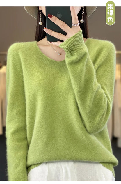 Suéter básico de otoño-invierno 2024 para mujer, 100 % lana merino, cuello en V, tejido de punto liso, jersey de oficina para mujer, manga larga, cachemir.