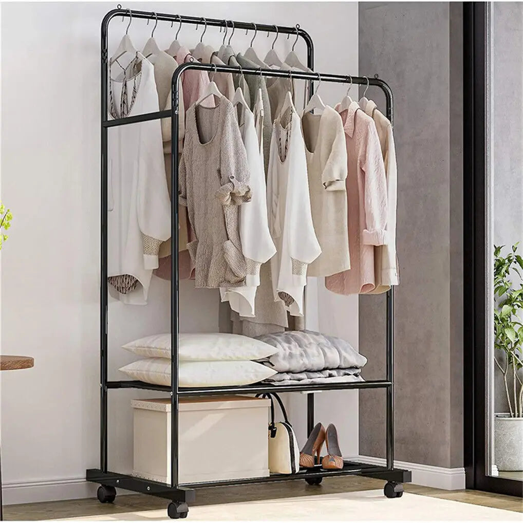 Perchero con ruedas para colgar ropa y tela con estantes de almacenamiento de 2 niveles