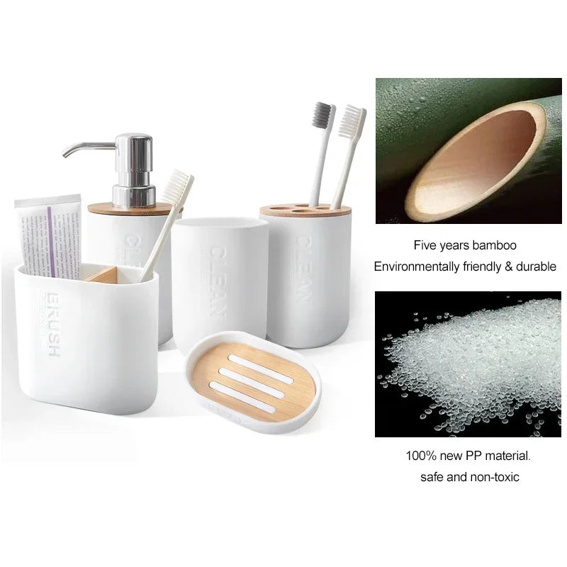 Juego de accesorios de baño, dispensador de loción y jabón de diseño, soporte para cepillo de dientes, jabonera, vaso o botella de madera, taza, negro, blanco y gris.