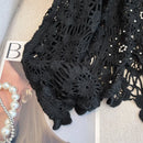 Casual Long Sleeve Elegant cardigan Beading O-neck Chic Vintage Hook Flower Hollow Out Top Plus Size Clothing