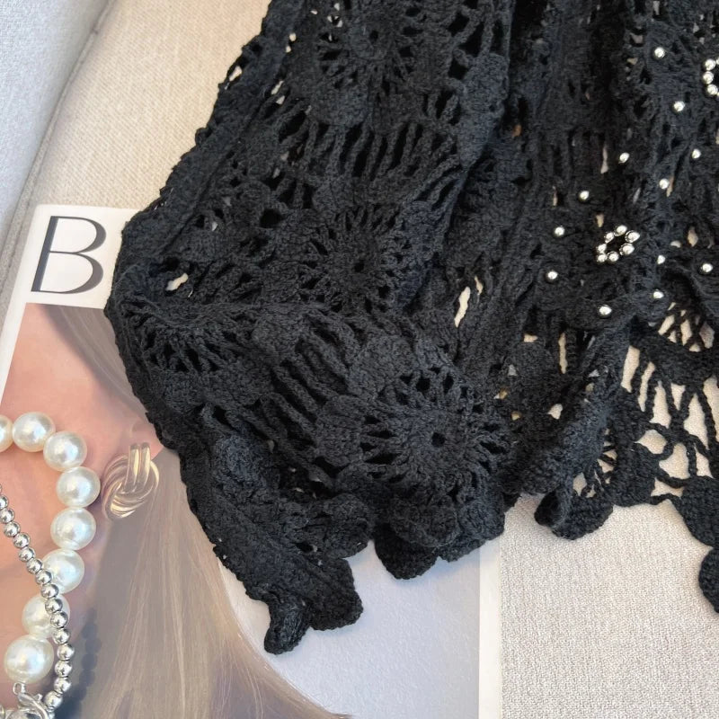 Casual Long Sleeve Elegant cardigan Beading O-neck Chic Vintage Hook Flower Hollow Out Top Plus Size Clothing