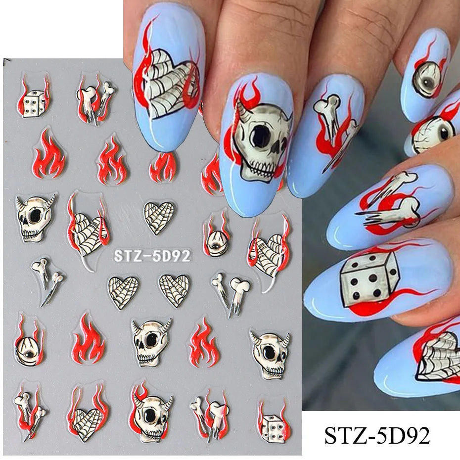 Cinturón negro 5D pegatinas en relieve gótico Halloween estilete calabaza calavera telaraña cremallera manicura uñas gel autoadhesivo decoración