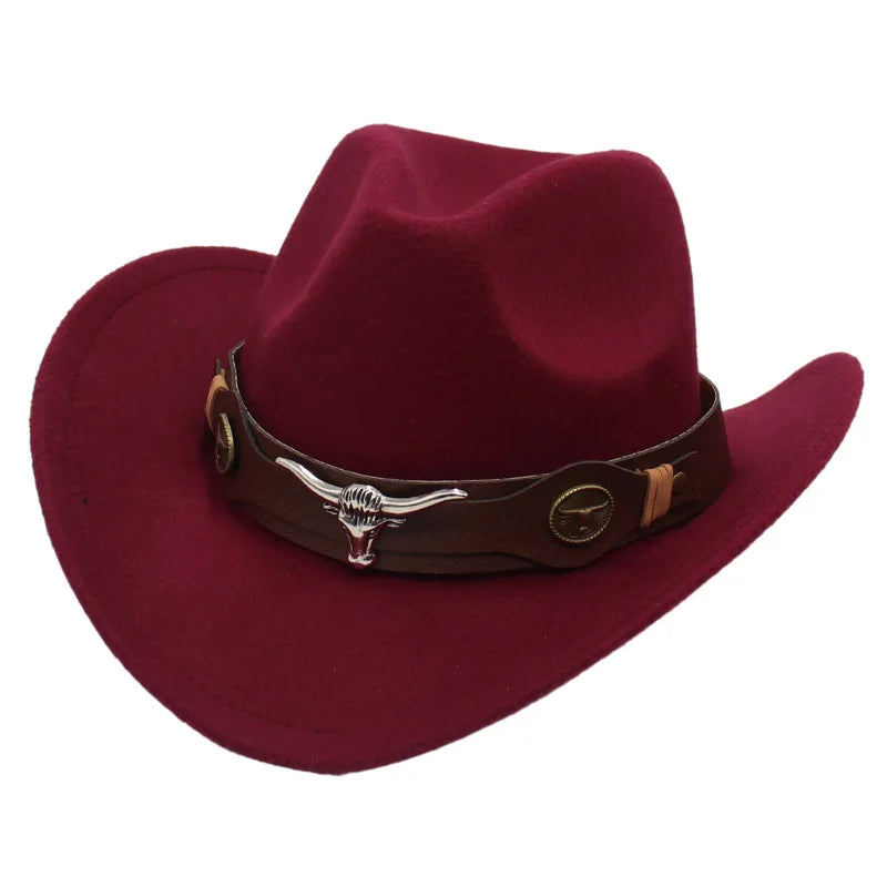 Classic Cattleman Cowboy Hat Retro Bull Head Studded Leather Band Felt Hat Unisex Western Party Cosplay Hat Wide Brim Fedora