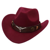 Classic Cattleman Cowboy Hat Retro Bull Head Studded Leather Band Felt Hat Unisex Western Party Cosplay Hat Wide Brim Fedora