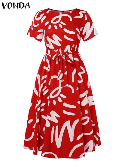 Plus Size 5XL VONDA Summer Women Dress 2024 Fashion Belted Maxi Long Party Dress Vintage Printed Sundress Casual Vestidos Robe