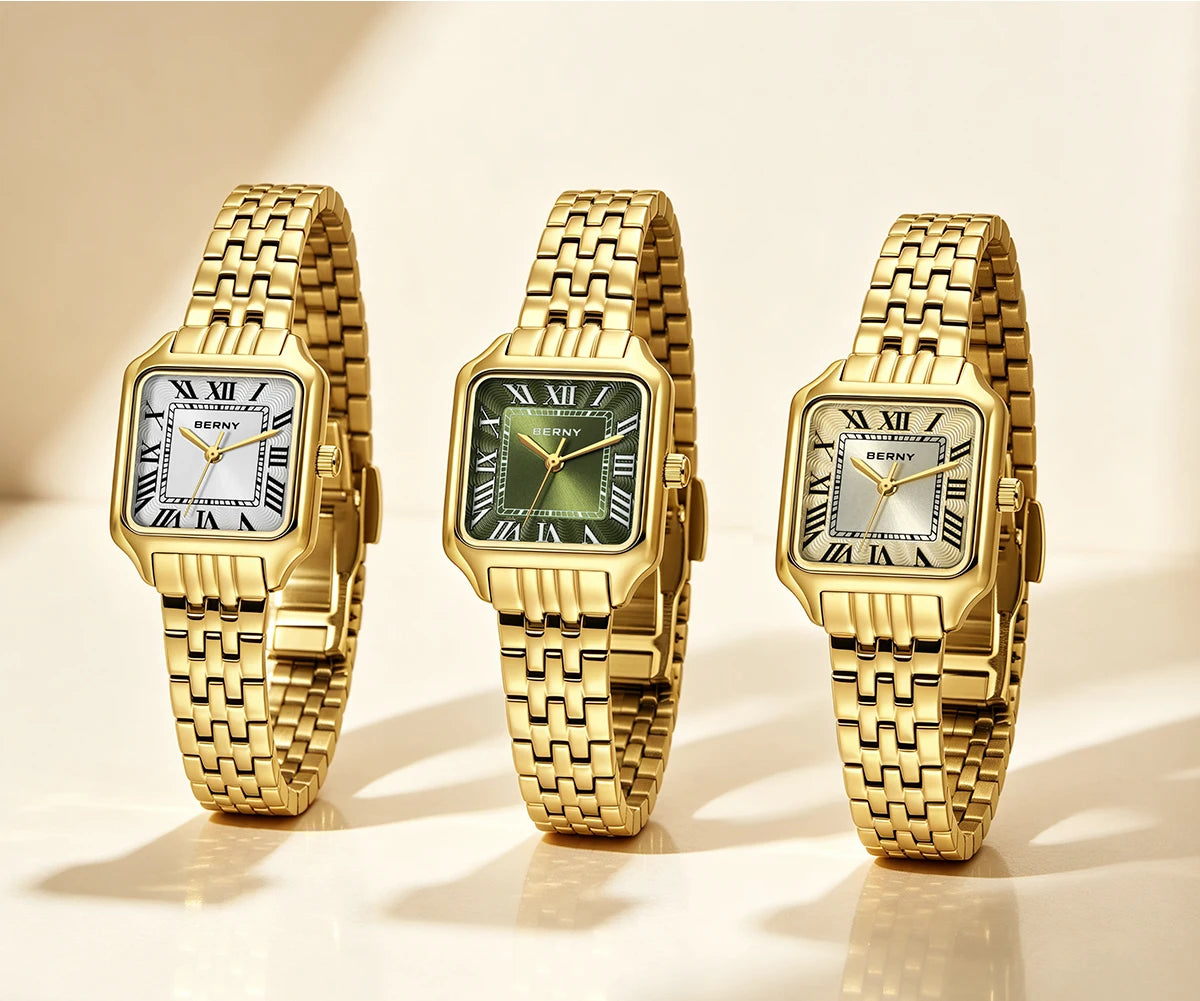 Relógio Feminino Quadrado BERNY Luxo – Quartz em Aço Inoxidável à Prova D'Água