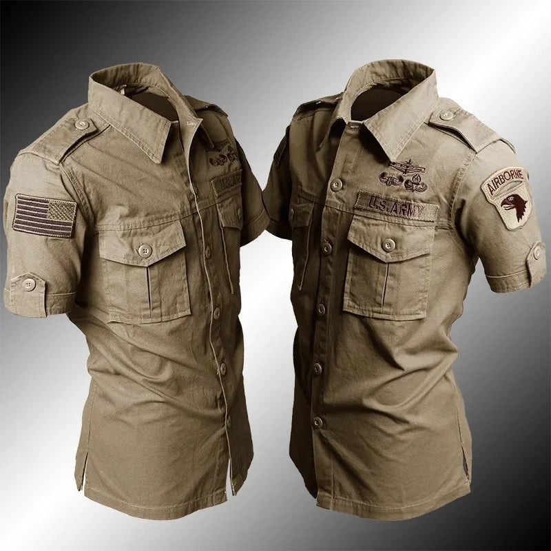 Short Sleeved Shirts Men Tactical T-shirt Spring Summer Workwear Cotton Vintage Shirt  Army Embroidery Pocket Cargo Tees