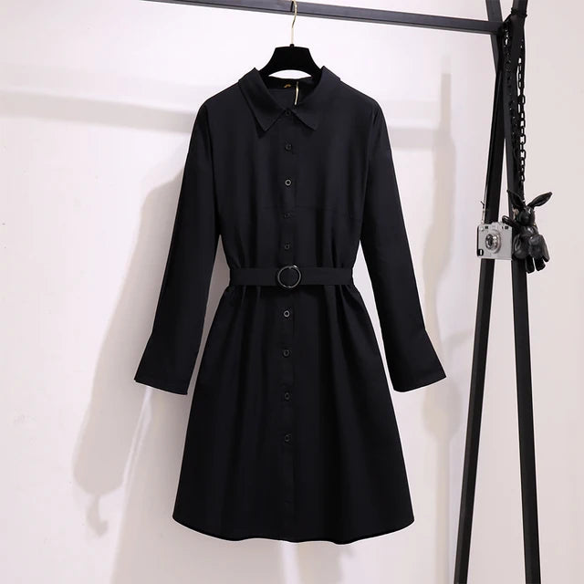 Vestido informal tipo cárdigan negro para mujer, talla grande, tejido de algodón, con cinturón y solapa, especial para primavera y otoño. 