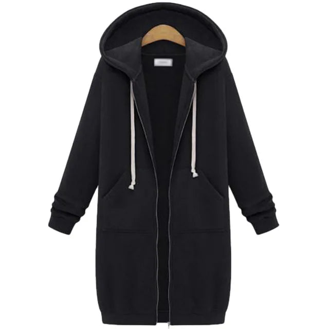 Hoodies femininos 2023 novo outono inverno espessamento solto moda cor sólida bolso design superior com capuz longo zíper camisolas casaco