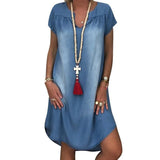 Vestido jeans casual feminino, gola V, longo, festa, manga curta solta, swing, plus size, nova moda, verão, 1XL, 5XL