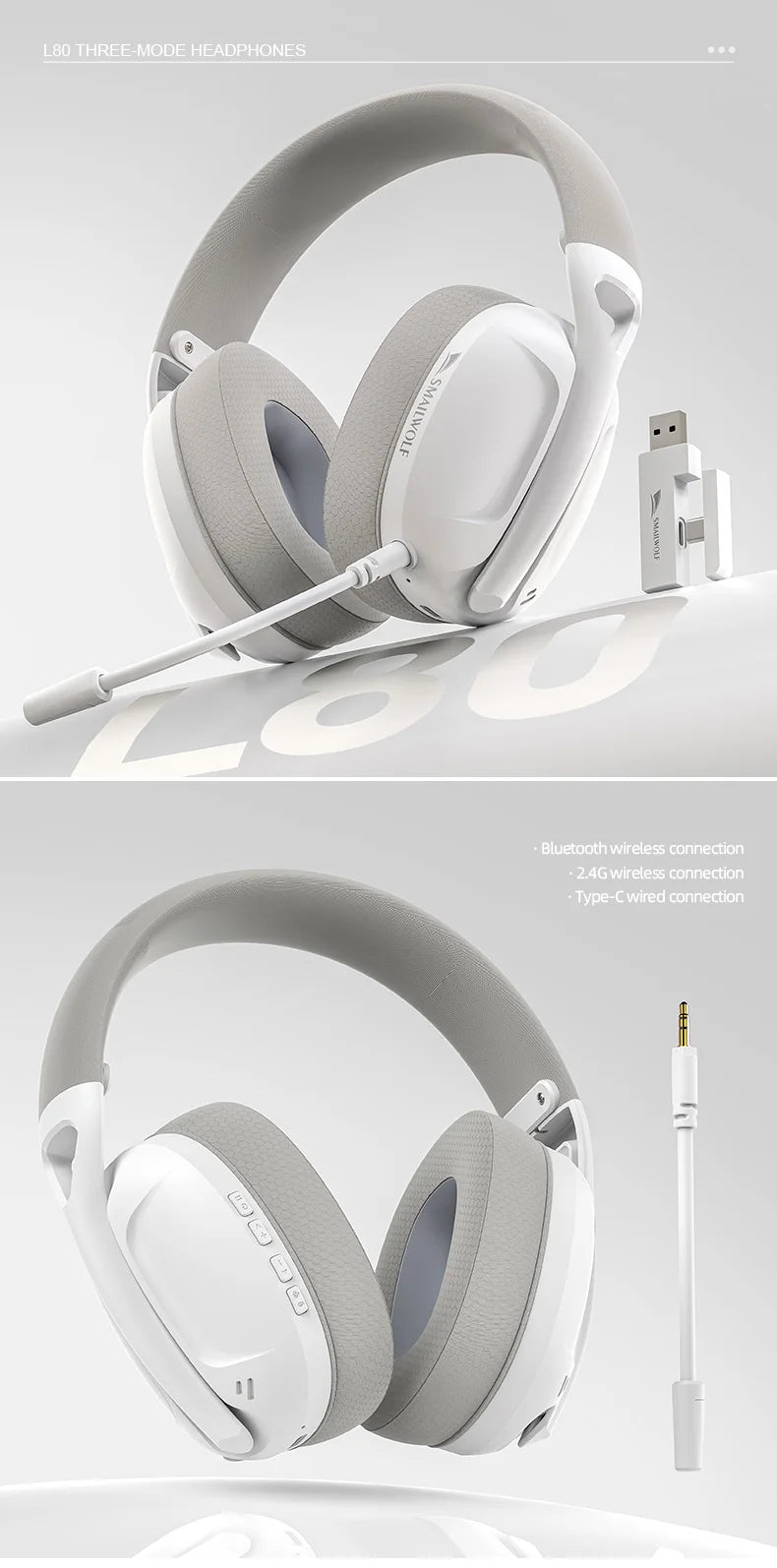 SmailWolf-L80 Bluetooth wireless three-mode headphones headset lightweight headset 2.4G gaming headsets sports bass