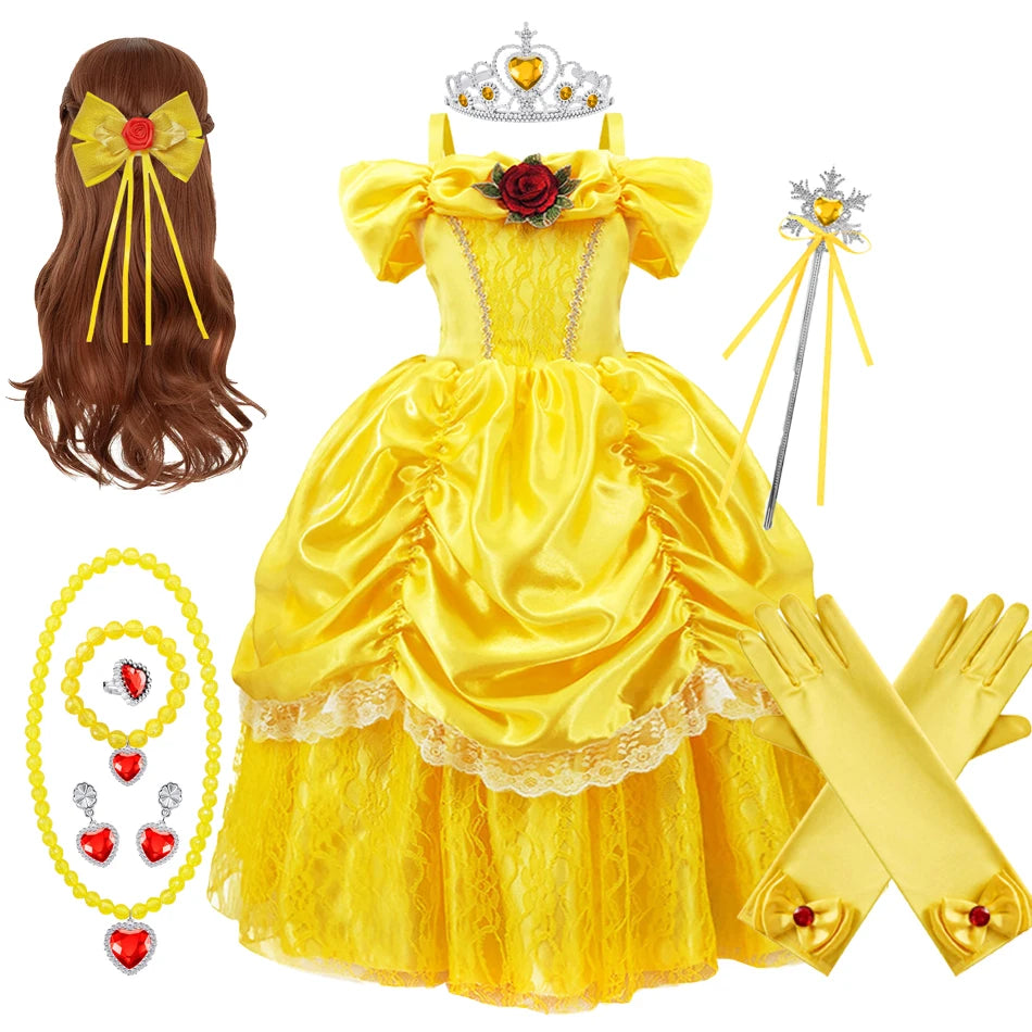 Kids Belle Cosplay Party Princess Dress Beauty Beast Princess Clothes Halloween Event Festival Party Flowers Print Costume