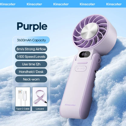 KINSCOTER Portable Air Cooling Turbo Fan 3600mAh 100 Wind Speeds Adjustable Outdoor Foldable Student Handheld Fan with Lanyard